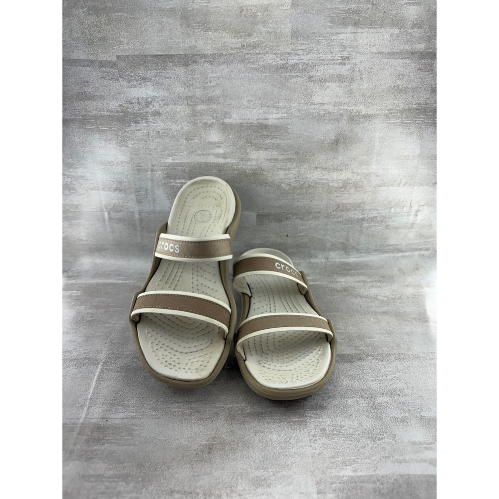 Crocs Swiftwater Tan White Strappy Slide Sandals Women Size 7 Water Friendly